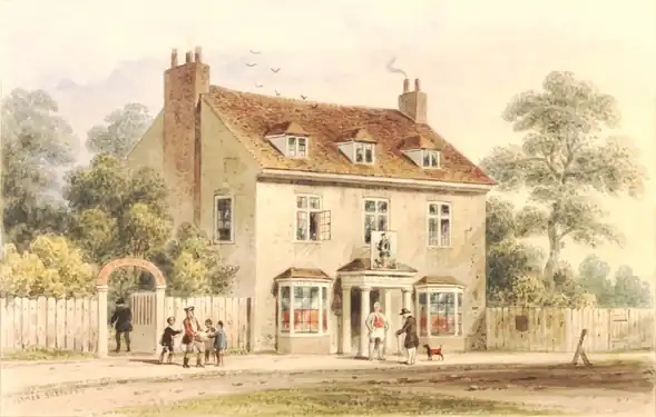 The Farthing Pie House in 1780, painted in watercolour by Thomas H. Shepherd around 1850 from an old drawing