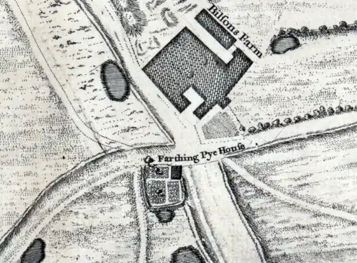 The Farthing Pye House next to Bilson's Farm on John Rocque's Map of London, 1746.