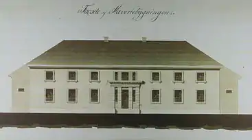 Drawing of the front of the slavery.Arkitekt: no:Ole Peter Riis Høegh