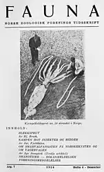 #136 (2/10/1954)The specimen was featured on the cover of the December 1954 issue of the Norwegian Zoological Society's quarterly journal, Fauna: Norsk Zoologisk Forenings Tidsskrift