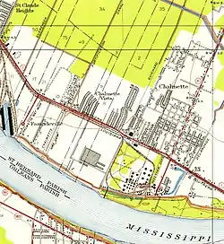 1951 United States Geological Survey map showing Fazendeville's geographic relationship to the Chalmette Battleground and town of Chalmette