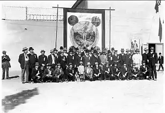 Members of the Barrier Branch of the Moulders Union assembled in front of a union banner