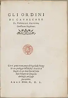 Title-page of the first edition of Gli ordini di cavalcare, 1550