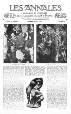 Paintings by Fernand Léger, 1912, La Femme en Bleu, Woman in Blue, Kunstmuseum Basel; Jean Metzinger, 1912,  Dancer in a café, Albright-Knox Art Gallery; and sculpture by Alexander Archipenko, 1912, La Vie Familiale, Family Life (destroyed). Published in Les Annales politiques et littéraires, n. 1529, 13 October 1912