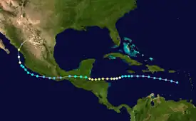 A map of Central America depicting a storm track which begins south of Puerto Rico and heads westward, crossing into the Pacific before turning north and striking the coast of the Mexican mainland.