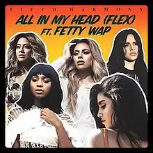 A photo of five women in different positions with a sunset background, above them, the word "Fifth Harmony" is written in capital letters and "All in My Head (Flex) ft. Fetty Wap" is written in midnight tone words.