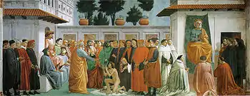XV=Raising of the Son of Theophilus and St Peter Enthroned, Masaccio