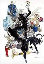 An artwork by Yoshitaka Amano depicting a group of fourteen characters, the playable cast of Final Fantasy VI.