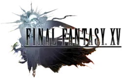 A one-winged woman in flowing robes rests with her head on her arms. Behind her is a crystal sphere surrounded by a sun-like adornment, with a serpentine creature woven into it. She rests near the logo of Final Fantasy XV. The piece is done in a pastel watercolor style that fades from silver to blue to black.