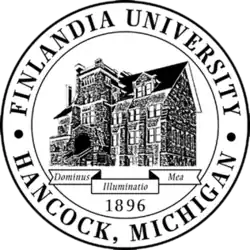 Seal of Finlandia University, depicting the Old Main building and the Latin motto 'Dominus Illuminatio Mea'