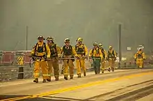 Group of firefighters in gear carrying a long hose to the fire scene