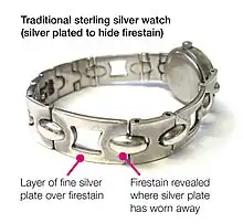 A silver-plated metal watch bracelet, showing signs of wear.