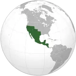 A map of the First Mexican Empire at its territorial peak (1822–1823), extending from Northern California to Costa Rica