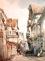 First Water Lane in York, with figures in street and cart. Two figures on right side in foreground.