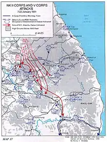 A map with multiple red arrows running southward