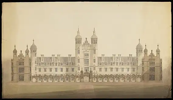 Coloured ink drawing of front of Donaldson's Hospital, West Coates, Edinbrugh