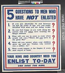 Poster with five questions listed, one of which is "What will you answer when your children grow up, and say, 'Father, why weren't you a soldier, too?'"