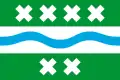 Three horizontal bands, top and bottom green with white saltires (4 on top and 2 on bottom). The centre band and contains a blue curved line from side to side.
