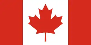 A vertical triband design (red, white, red) with a red maple leaf in the centre.