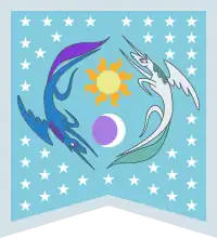 A light blue flag depicting two winged unicorns, one dark blue and the other white, flying around the sun and moon. A field of stars surrounds them.