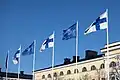 Finnish and NATO flags flying at the Ministry for Foreign Affairs of Finland on the day of accession, 4 April 2023