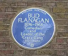 Bud Flanagan's English Heritage blue plaque on 12 Hanbury Street