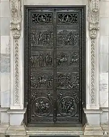 Ornate bronze doors on the east portico of the Senate wing were cast by  James T. Ames in 1864–1868, and placed late in 1868.