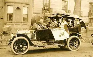 Florence Brooks Whitehouse driving with suffragists in Portland, Maine in 1914