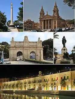 From top: Malta Memorial, St. Publius Parish Church, Porte des Bombes, Christ the King Monument, Valletta Waterfront