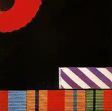 A close up of the breast a dark jacket, with one quarter of a remembrance poppy on the top left corner, and a selection of British military service medal ribbons along the bottom edge