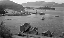 Photo of bay showing flying boats and ship.
