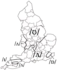 A map of England, with isoglosses showing how different regions pronounce "sun"