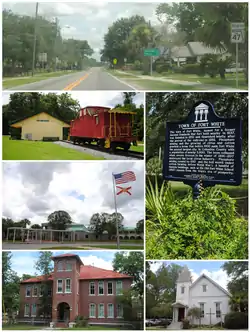 Top, left to right: Florida State Road 47 in Fort White, Fort White Train Depot, Fort White High School, Town of Fort White sign, Fort White Public School Historic District, Fort White United Methodist Church