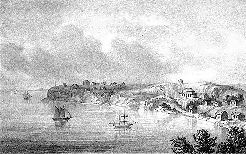 Fort Britomart from the west across Commercial Bay, Auckland, 1842. Artist: Joseph Jenner Merrett