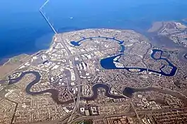 Aerial view of Foster City and the San Mateo Bridge