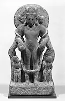Four-faced four-armed Vishnu Vaikuntha Chaturmurti, still showing Vāsudeva Krishna as the central human figure, 4th–5th century, Mathura