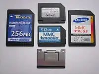 Front of four different MMC cards: MMC, RS-MMC, MMCplus, MMCmobile, and metal extender