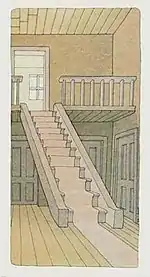 an illustration of an empty room featuring two floors connected by a carpeted stairway.