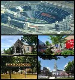 Gillette Stadium, Memorial Hall, Patriot Place, sign in Foxborough, Congregational Church and the Orpheum Theatre
