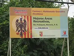 Sign indicating improvements to recreational centers in Fránquez