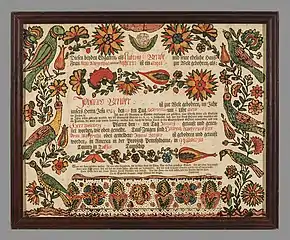 Colorful certificate showing birds and other motifs