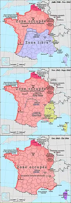 The zone occupée: German (pink) and Italian (yellow) occupation zones of France, the zone libre, the zone interdite, the Military Administration in Belgium and Northern France, and annexed Alsace-Lorraine