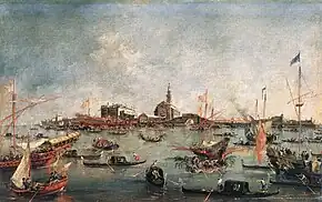 Venetian ships (including the Bucentaur) at the feast of the Ascension, painting by Francesco Guardi, ca. 1775.