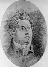 Francis Greenway appears as a chubby-faced man with an aquiline nose and his hair carefully arranged in a windswept style. He is looking inspired.