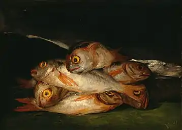Fish and allegorical allusions — to The Disasters of War.Still Life with Golden Bream by Francisco Goya; 1808, 45 × 63 cm, Museum of Fine Arts, Houston.