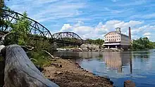 The Frank J. Wood Bridge from the viewpoint of Brunswick with the Pejepscot Paper Company mill building in the background