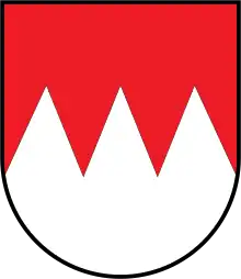 Argent, a chief indented gules (the Franconian Rake)