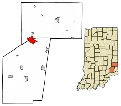 Location of Batesville in Franklin County and Ripley County, Indiana.