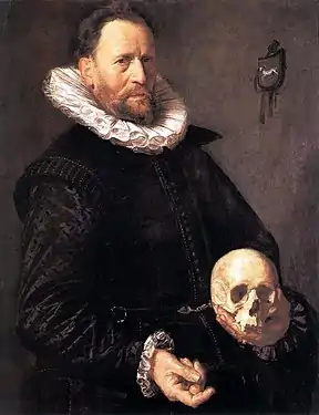Painting of A Man Holding a Skull, attributed to the period around 1616 when Hals painted his first militia company