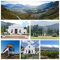 Clockwise from top: Franschhoek Pass, the Huguenot Monument, Vineyards in Franschhoek, Franschhoek NG Church, Franschhoek tramline, the Huguenot Museum.
